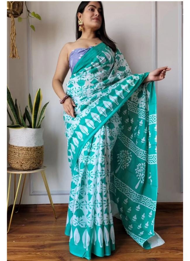 Soft Linen Sky Blue Casual Wear Printed Saree